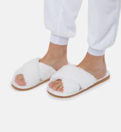 Тапочки меховые, белые с коричневой подошвой, 40-41